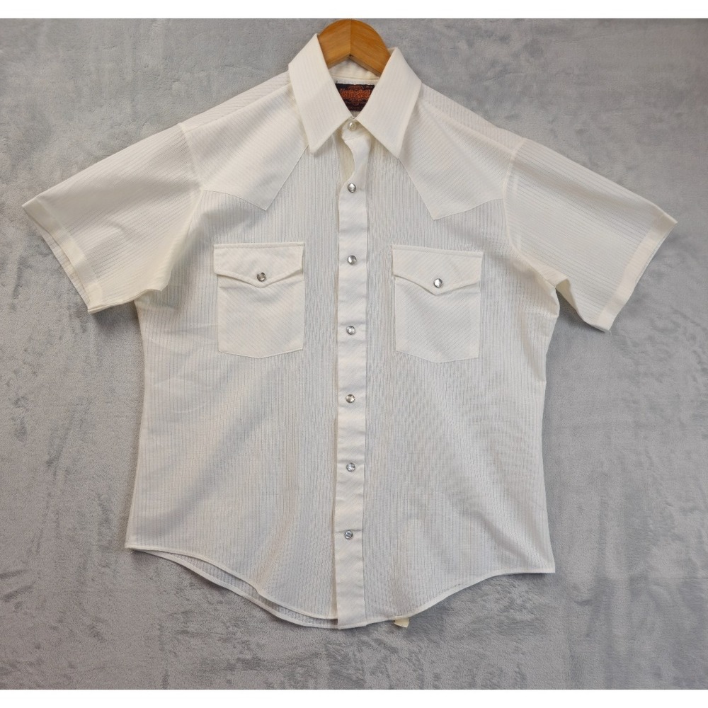 Vtg 70s Stir-Ups Medium White Striped Pearl Snap Paper Thin Western Shirt USA